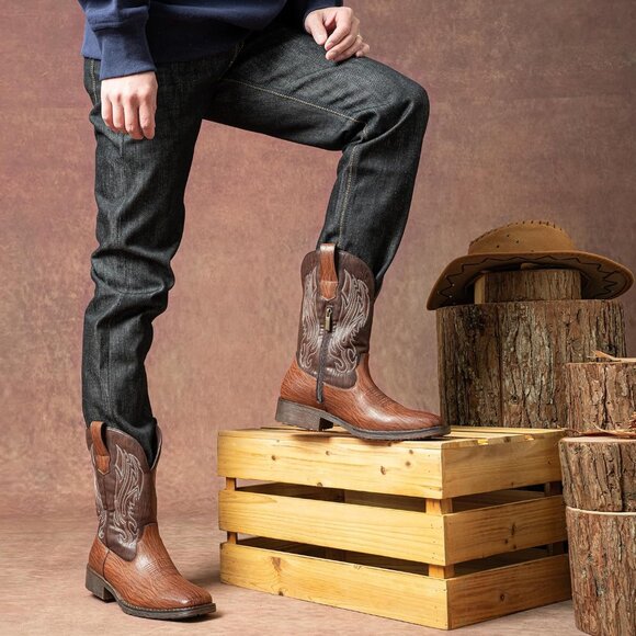 🆕Jousen Mens Amy8420-brown Embroidery Retro Square Toe Chunky Heeled Boots - Picture 10 of 12